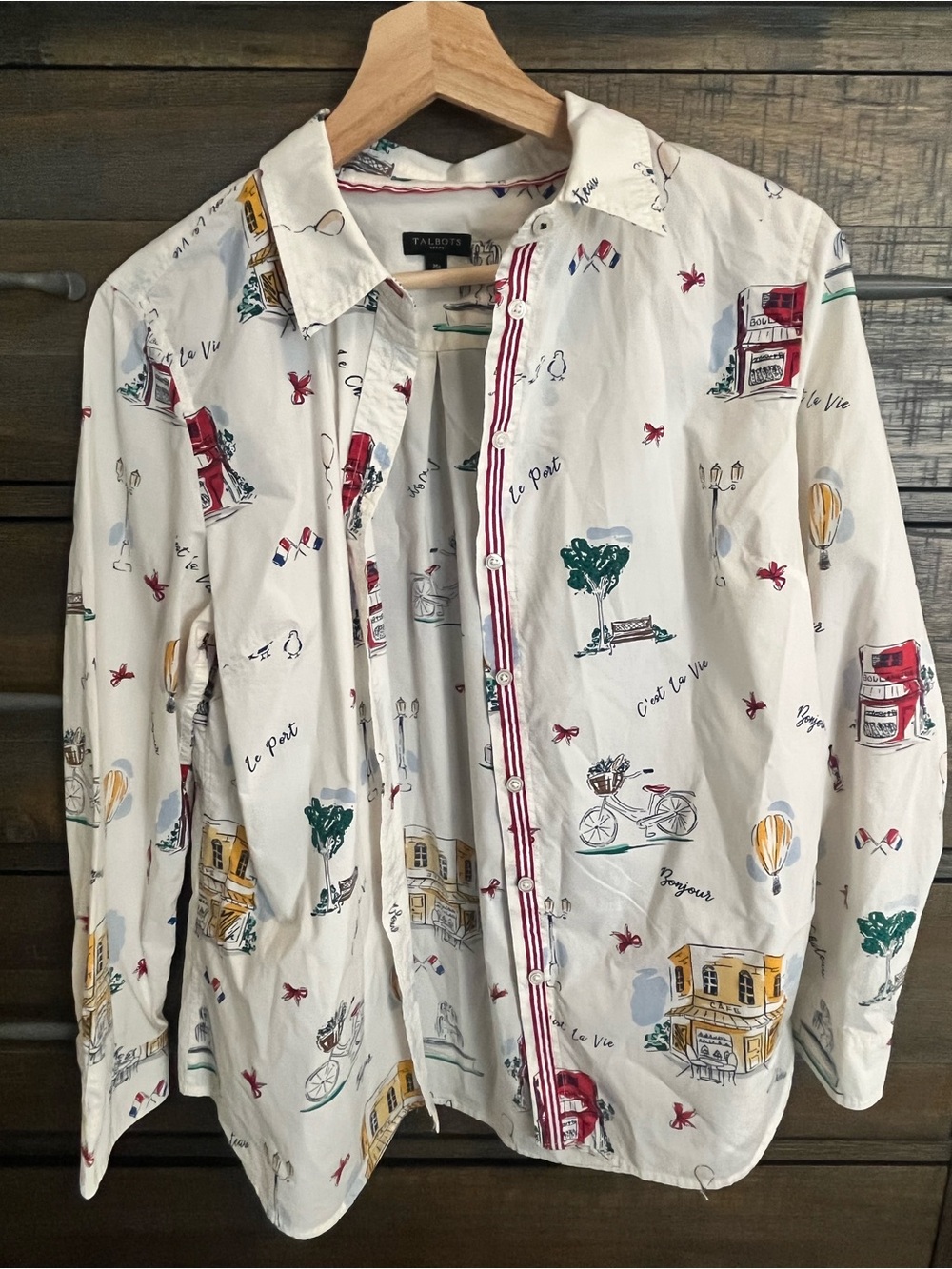 Talbots Paris French Print Button Down Shirt White & Red Medium Petite